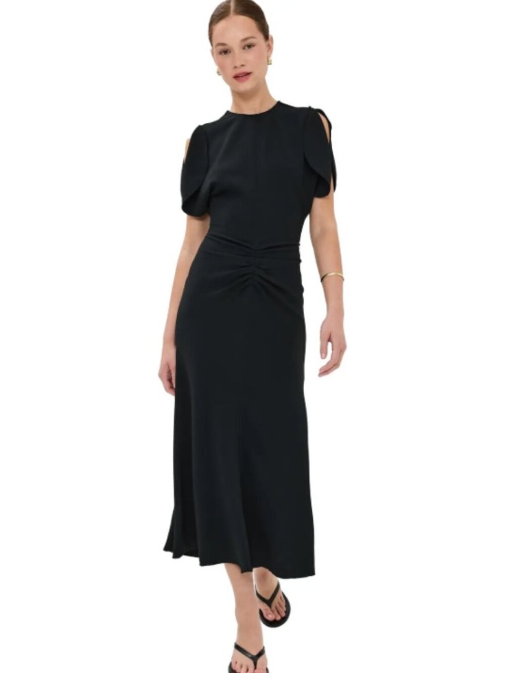 Victoria Beckham Gathered Waist Midi Dress Black US 0 Style 1124WDR005227A NWT